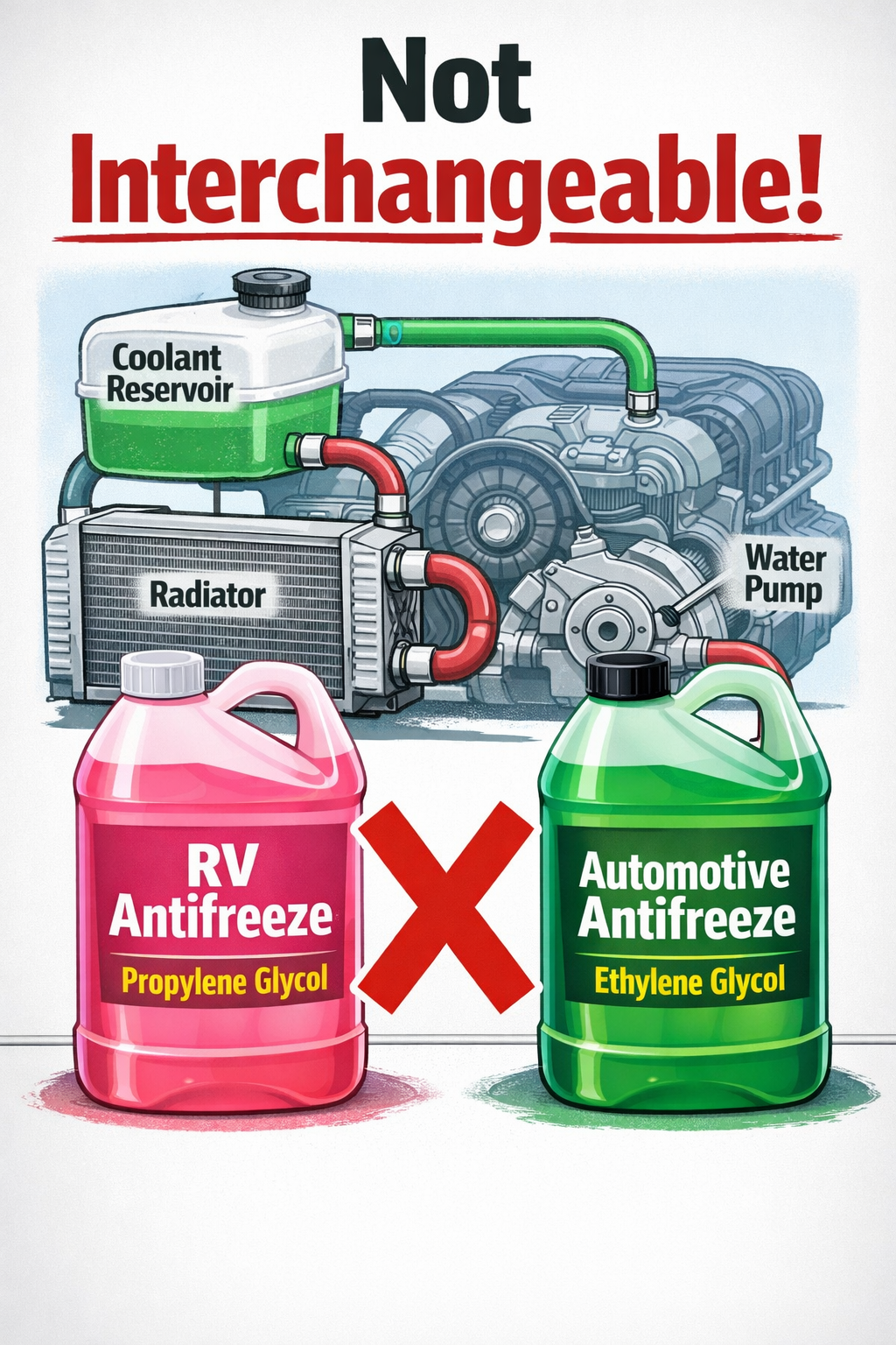 () detailed infographic-style illustration showing two side-by-side containers: a pink bottle labeled 'RV Antifreeze -