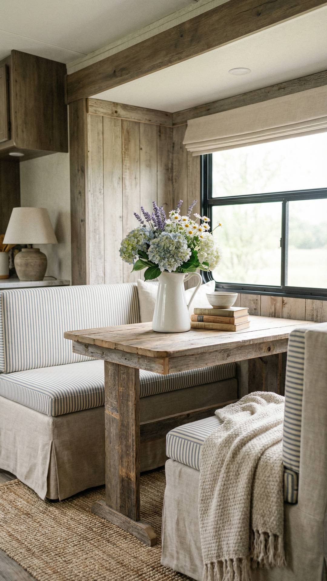 French country RV dinette with linen and ticking stripe slipcovers