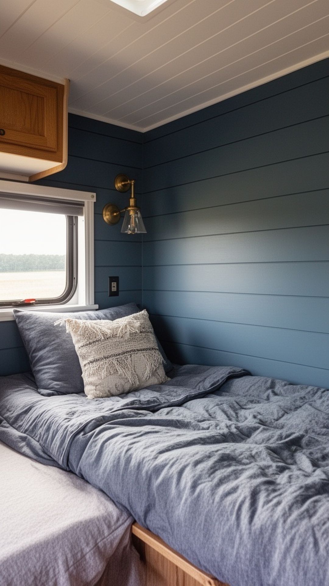 Dusty blue navy painted shiplap in small camper interior
