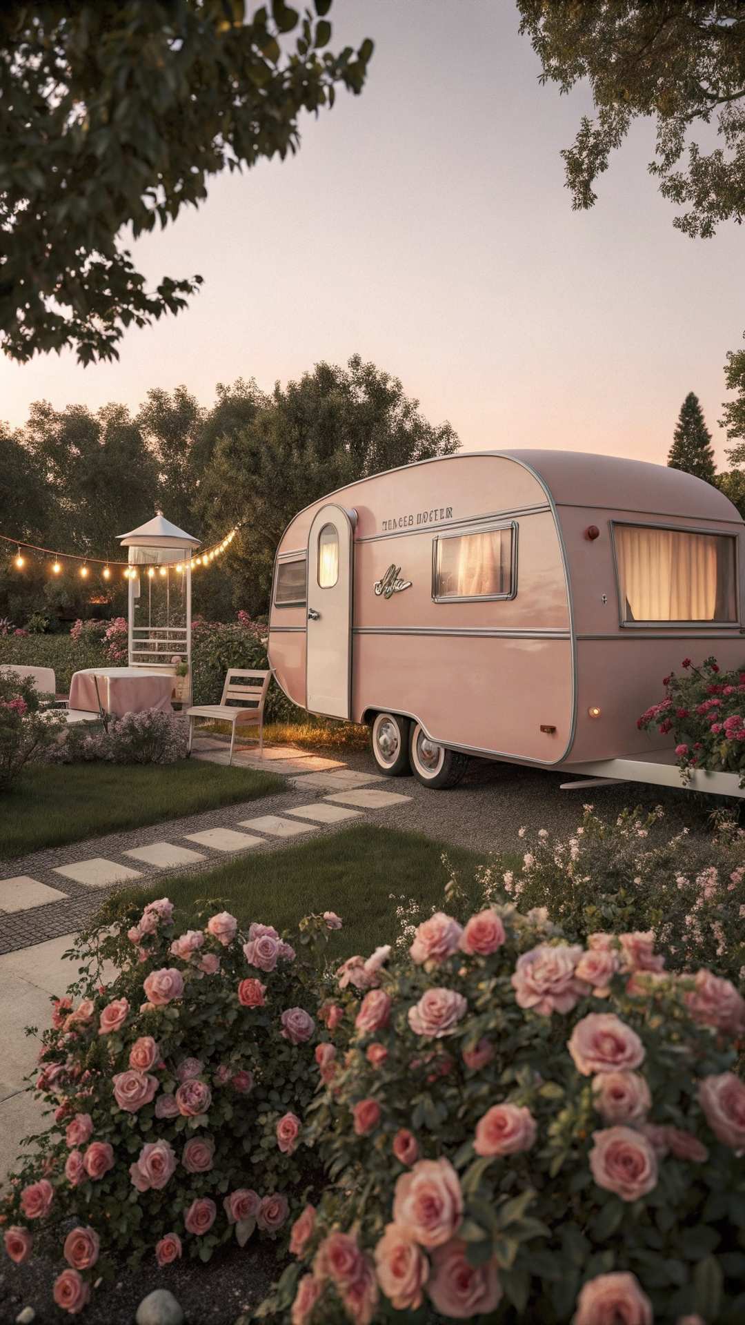 Dusty rose vintage camper in charming garden setting