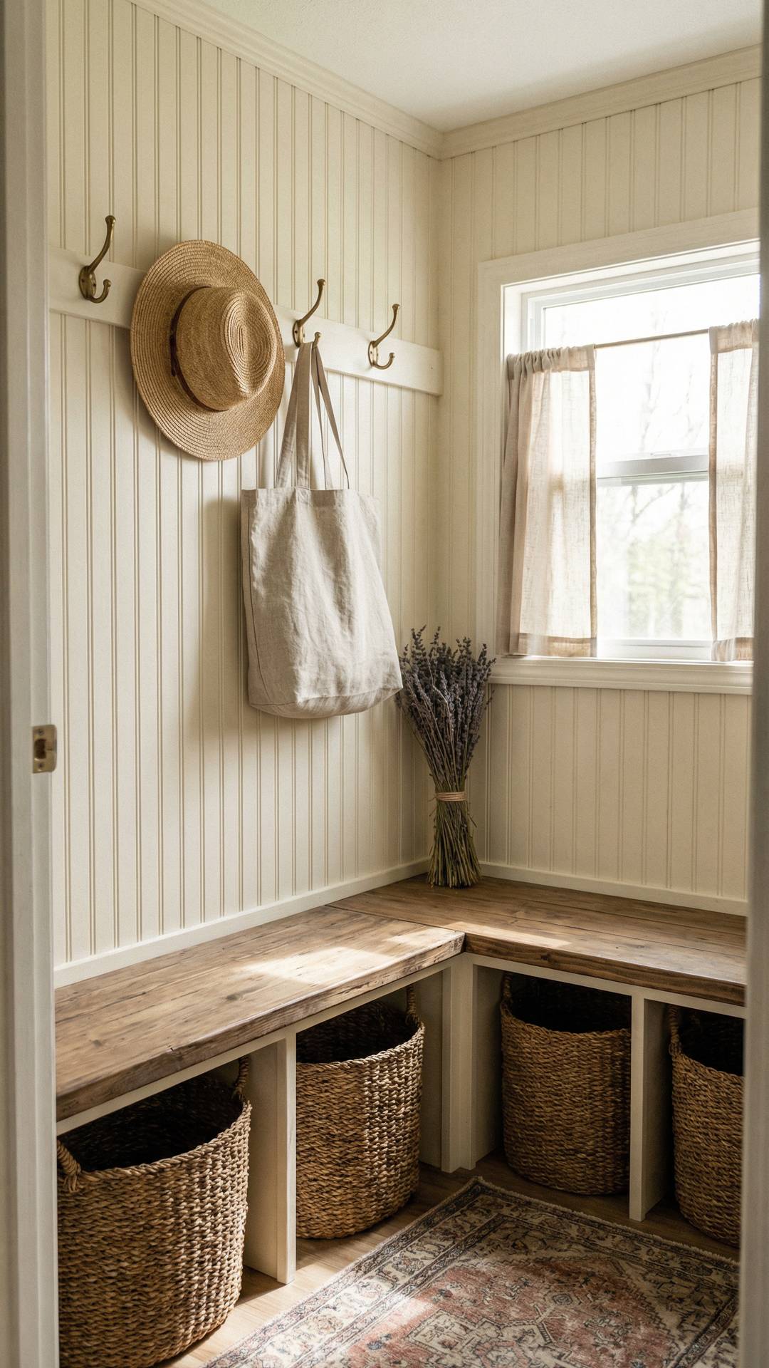 French country RV entry with beadboard hooks and baskets