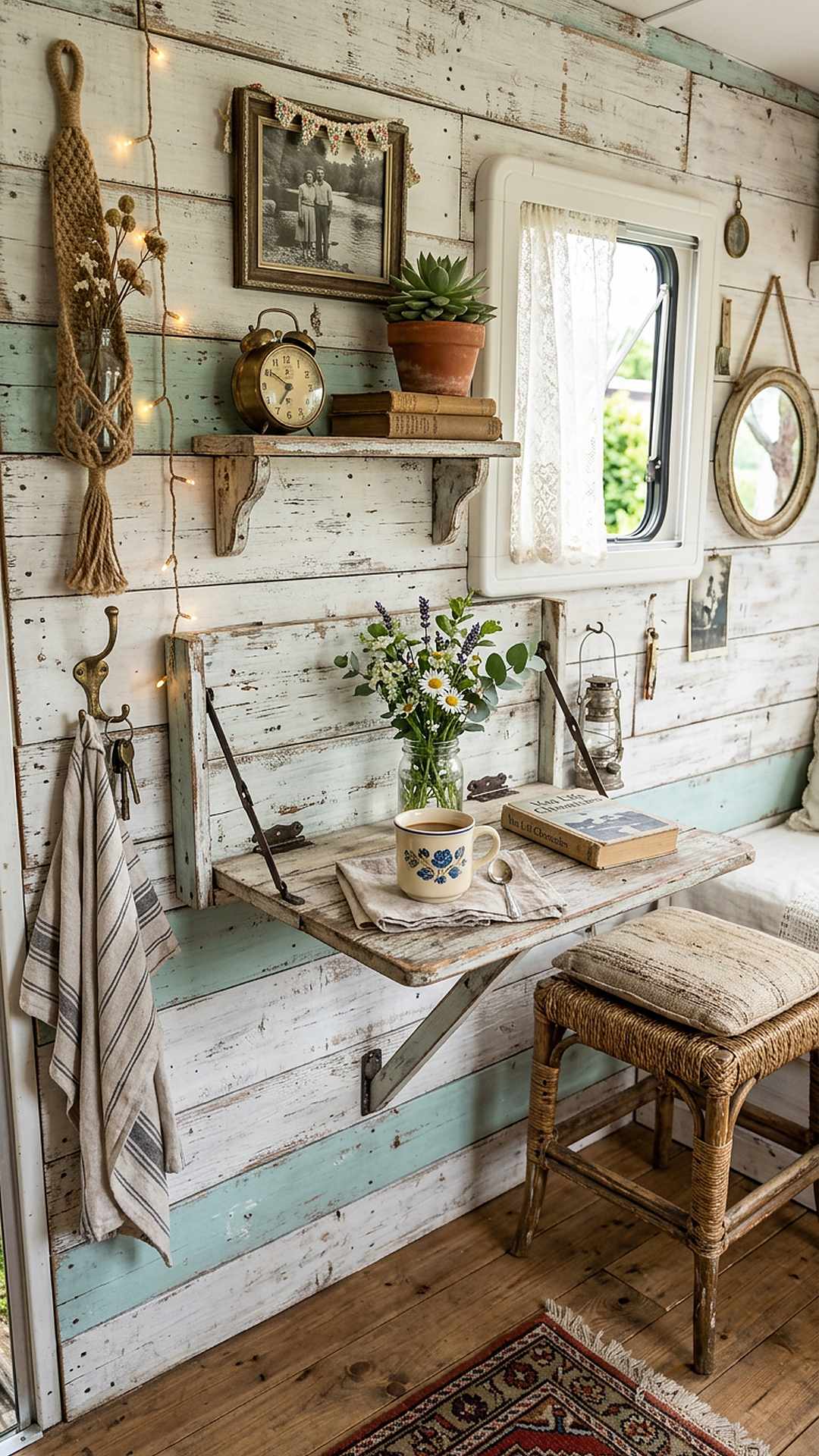 Pallet wood fold-down table in a shabby chic camper