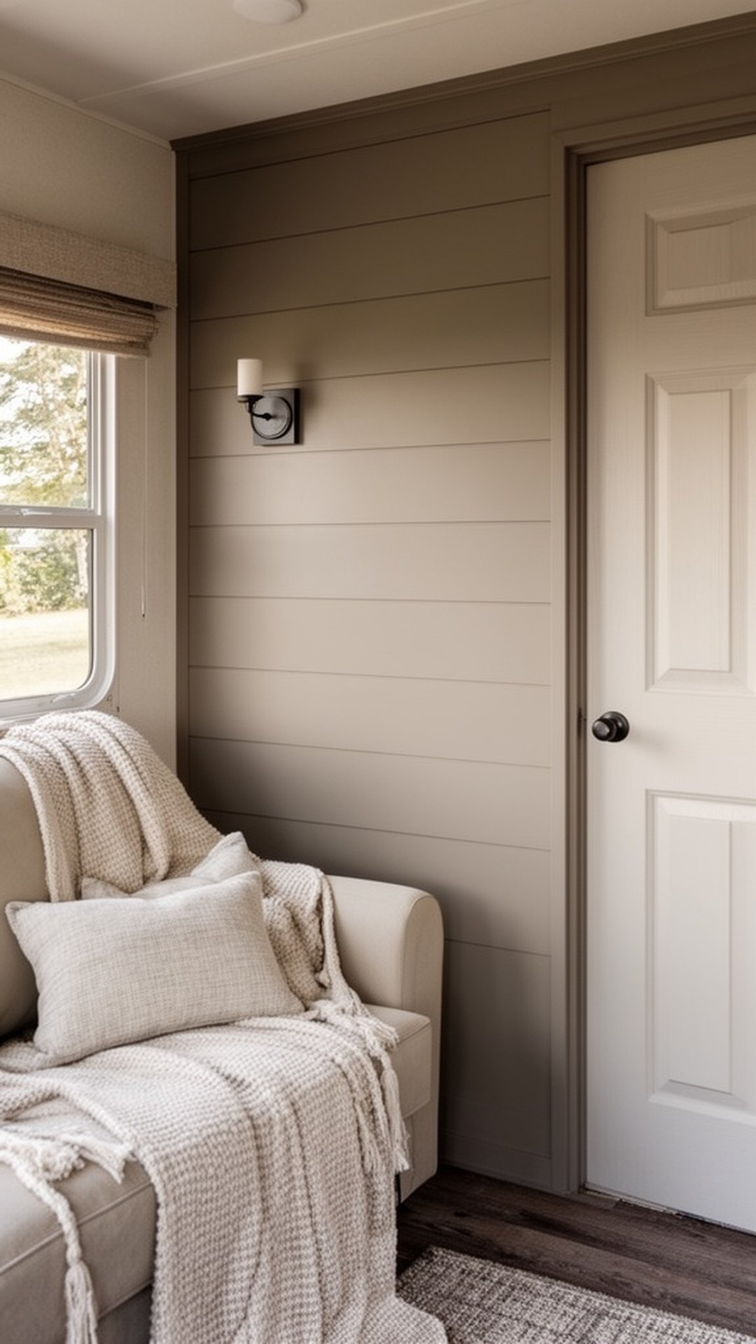 Sophisticated greige taupe painted shiplap in small camper interior