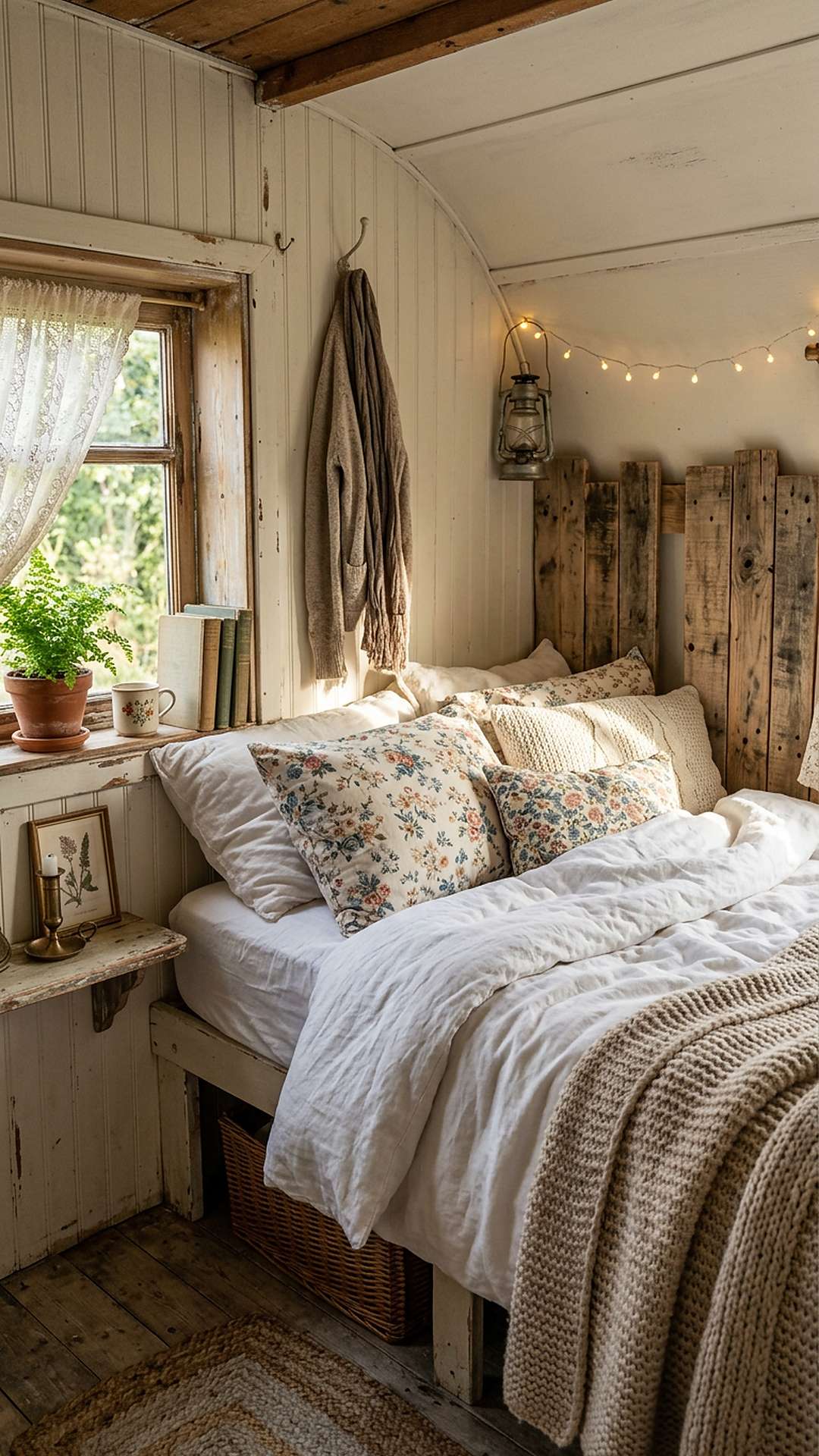 Pallet wood headboard in a shabby chic camper sleeping nook