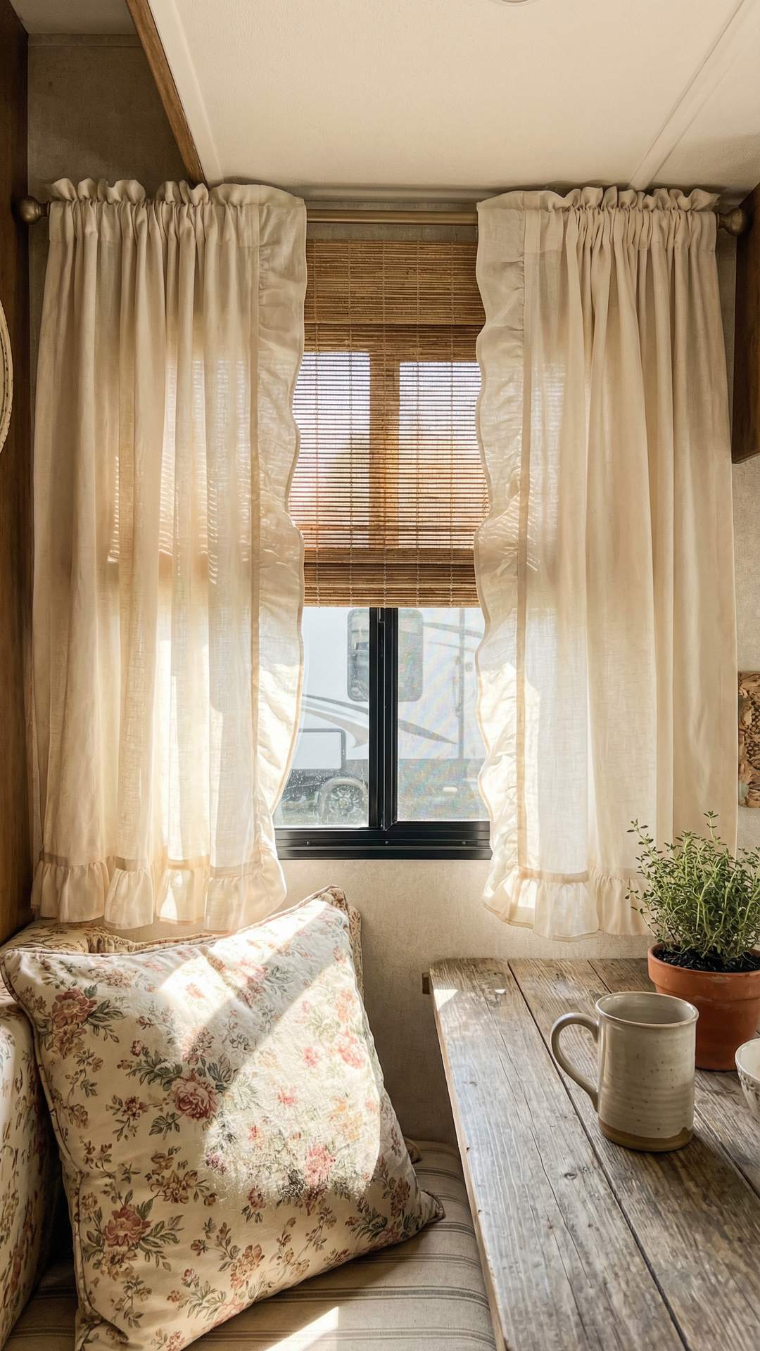 Ivory linen cafe curtains in a French country RV