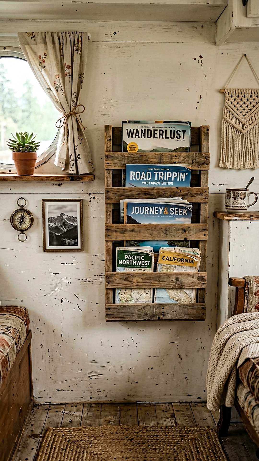 Pallet wood magazine rack in a shabby chic camper