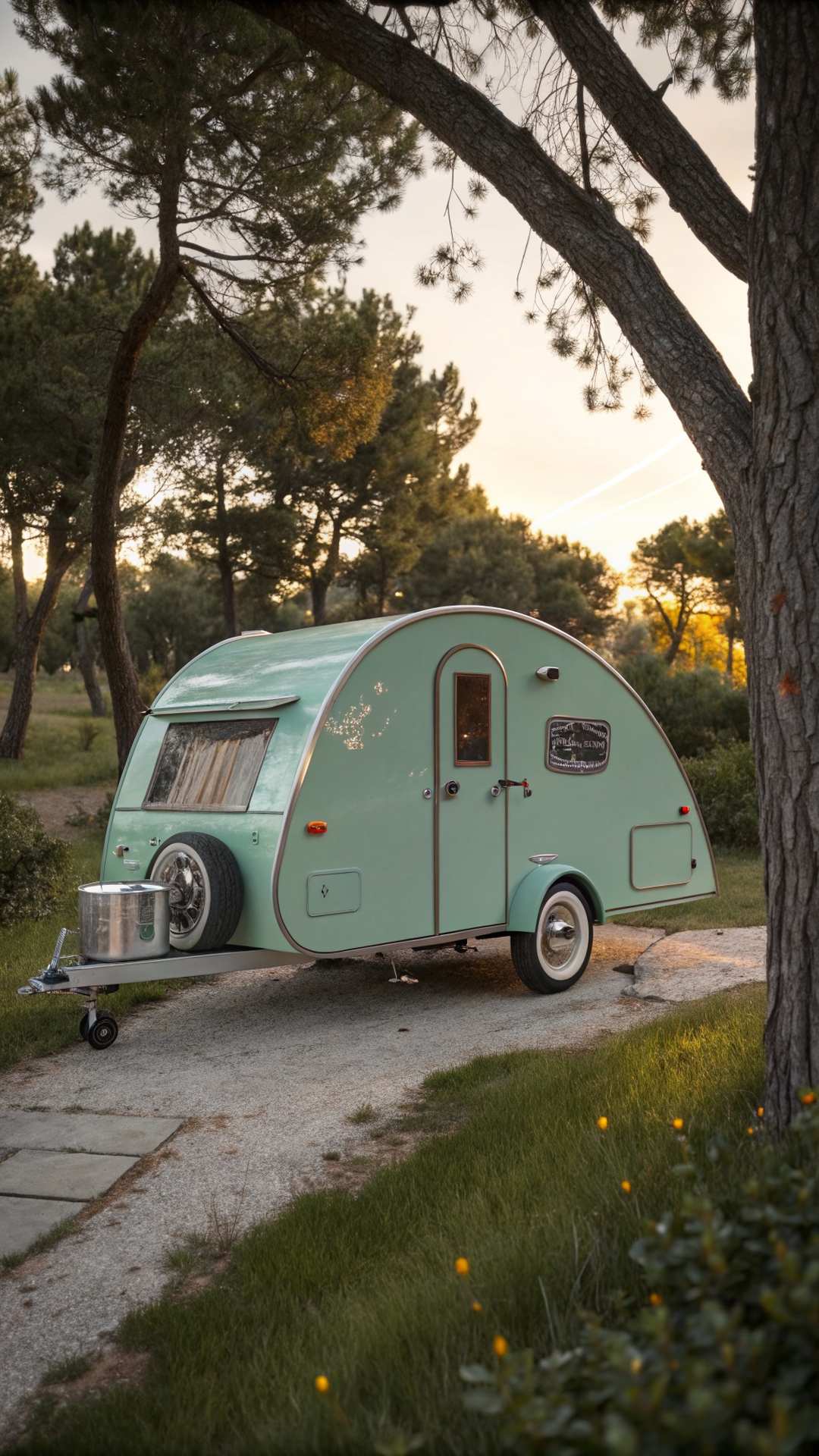 Soft mint green vintage camper trailer parked in natural outdoor setting