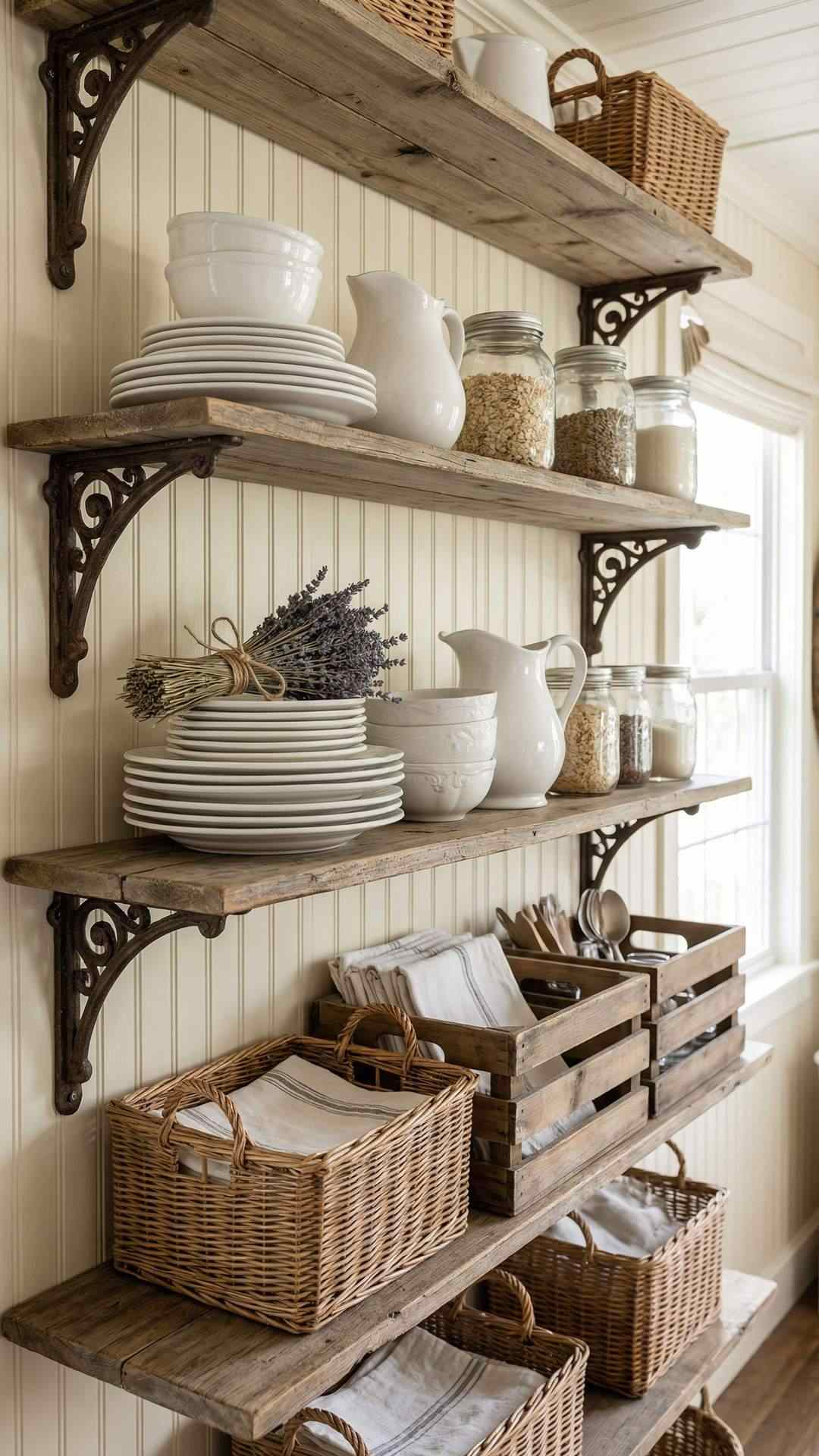 Open shelves styled in a French country RV with ironstone and baskets