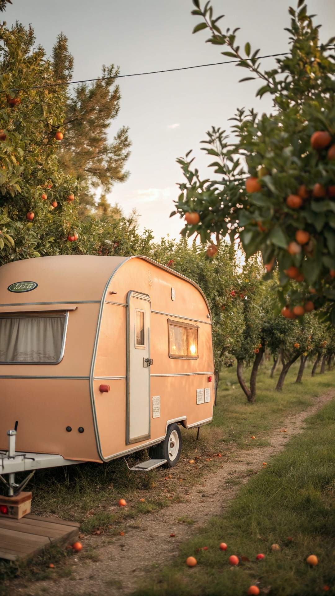 Peachy apricot vintage camper at orchard