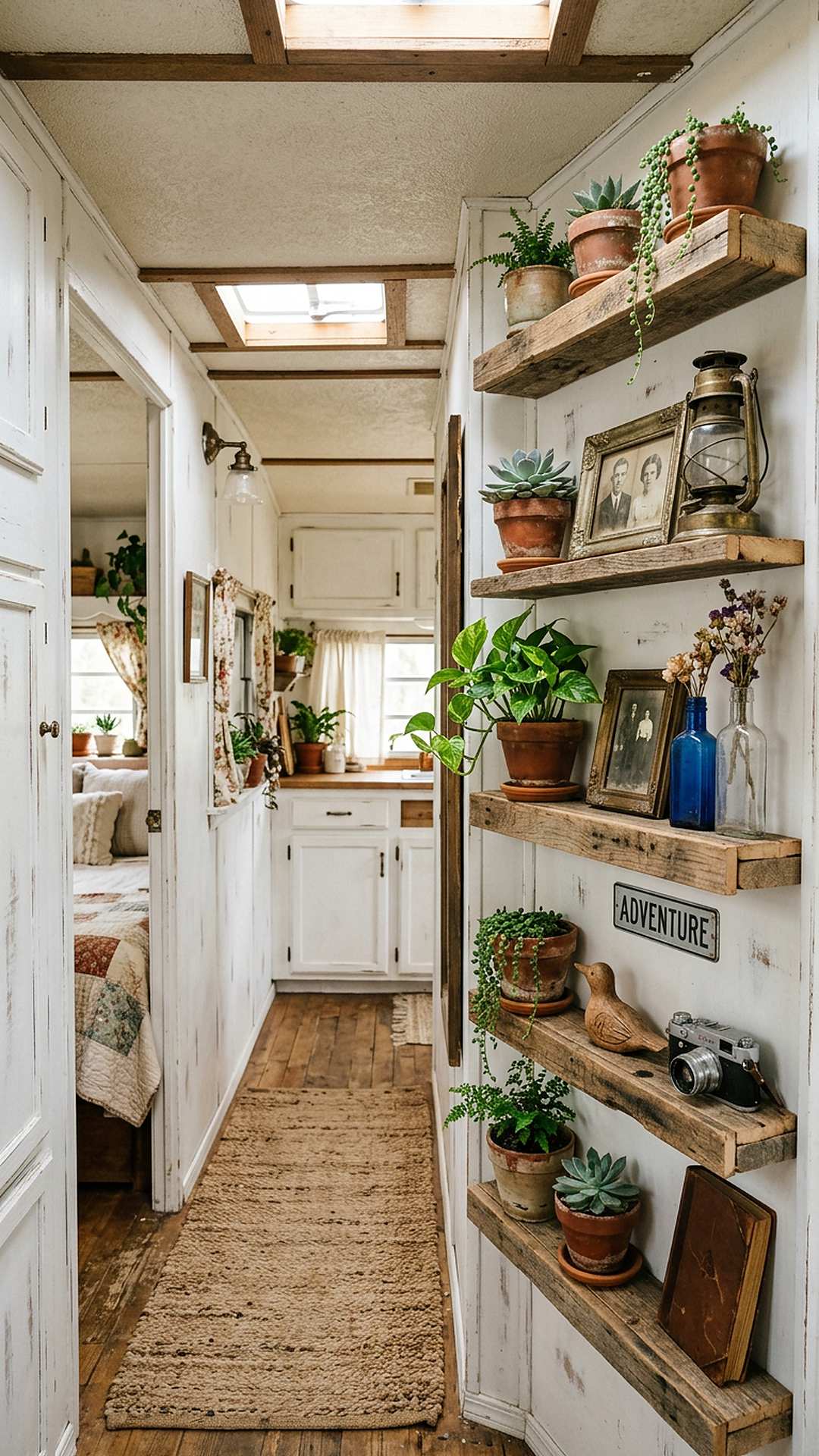 Pallet wood picture ledges in a shabby chic camper hallway