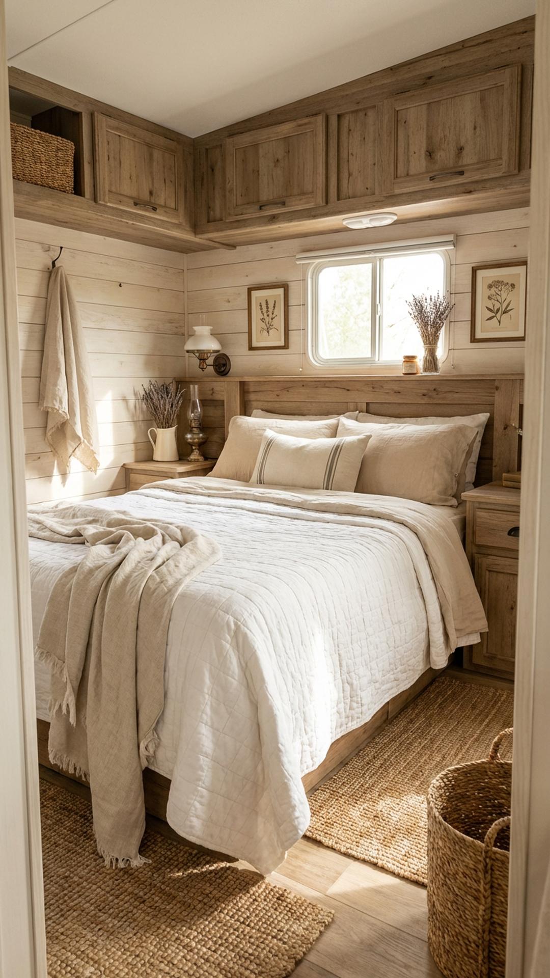 French country RV bedroom with white bedding and warm wood tones