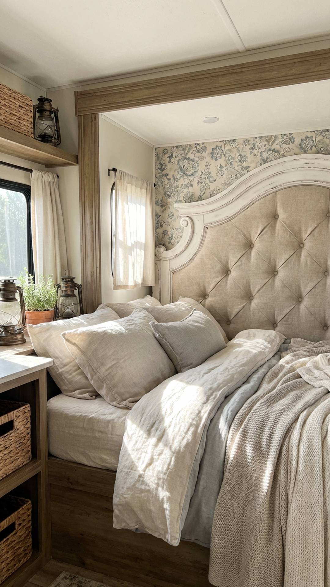 RV bedroom with distressed headboard and floral focal wall