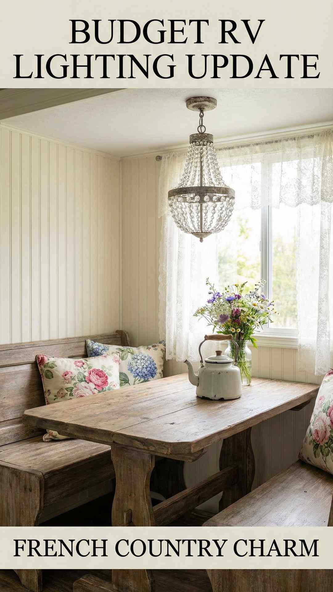 French country RV dining nook with a vintage inspired light fixture