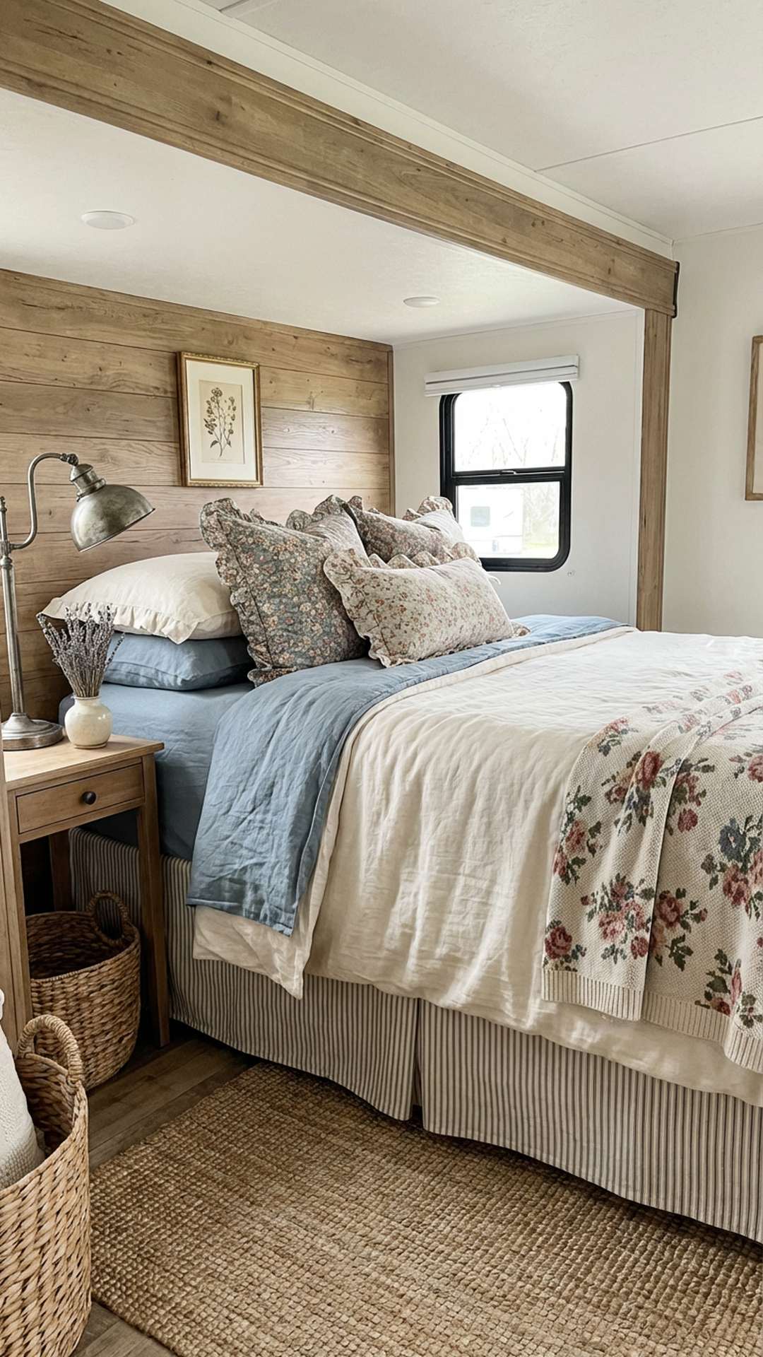 French country RV bed with layered linens and floral textiles