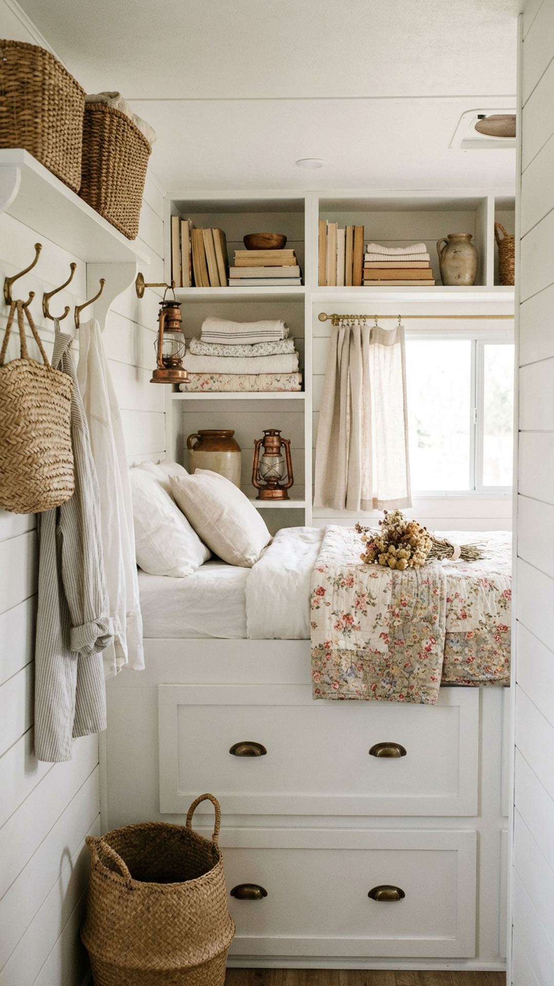 Organized RV bedroom storage with baskets and white built-ins
