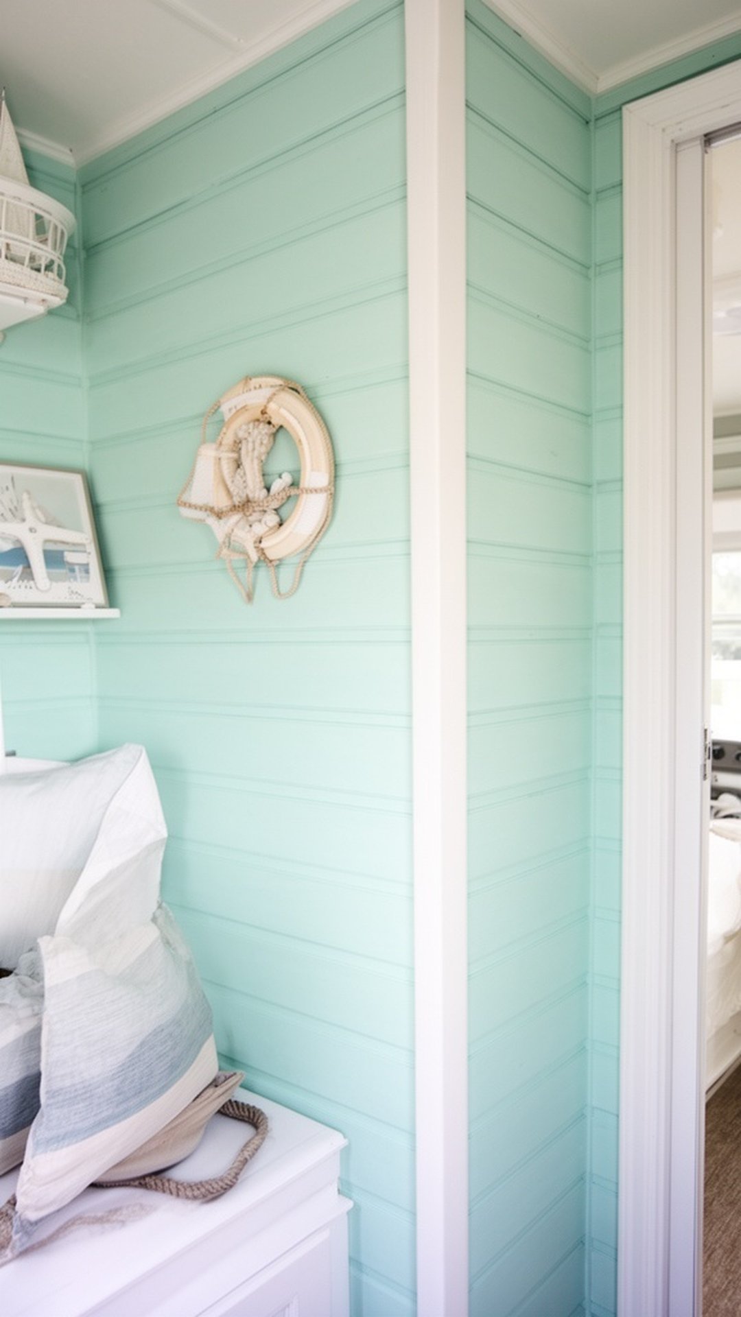 Coastal seafoam teal painted shiplap in small camper interior