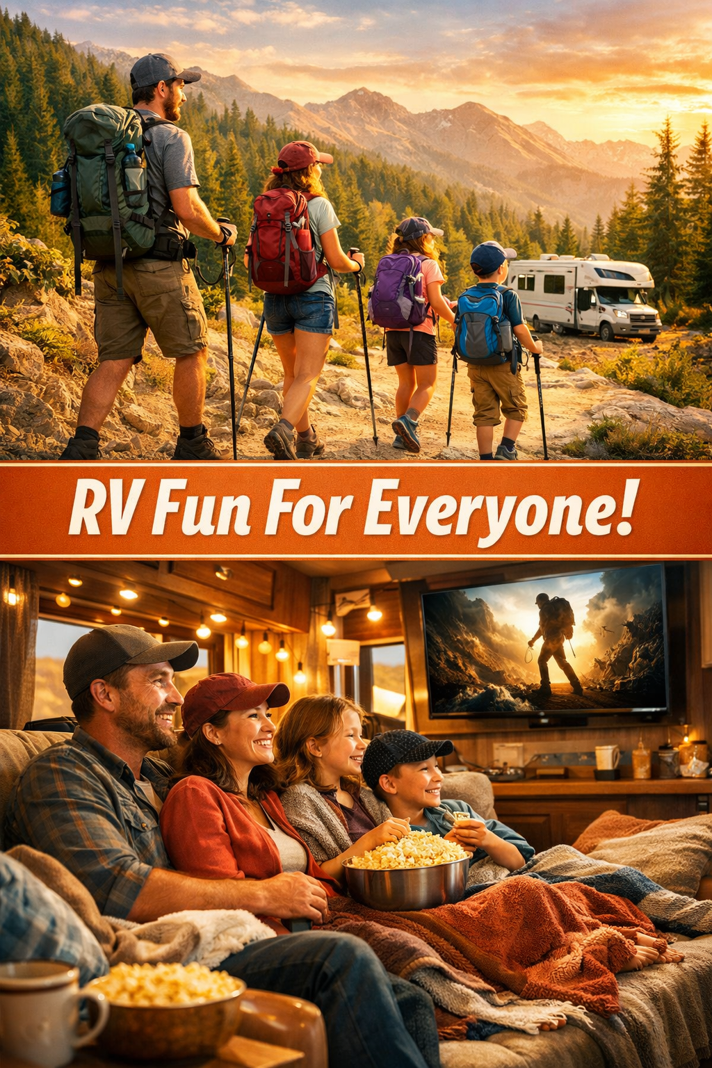 Portrait/Pinterest format () showing a split-scene composition: top half features an RV family hiking on a scenic mountain