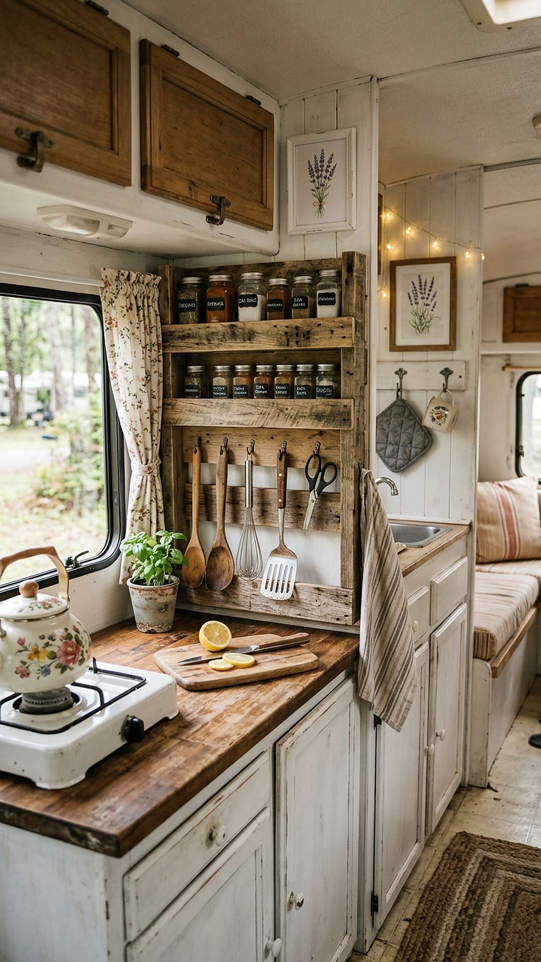 Pallet wood spice rack in a shabby chic camper kitchen
