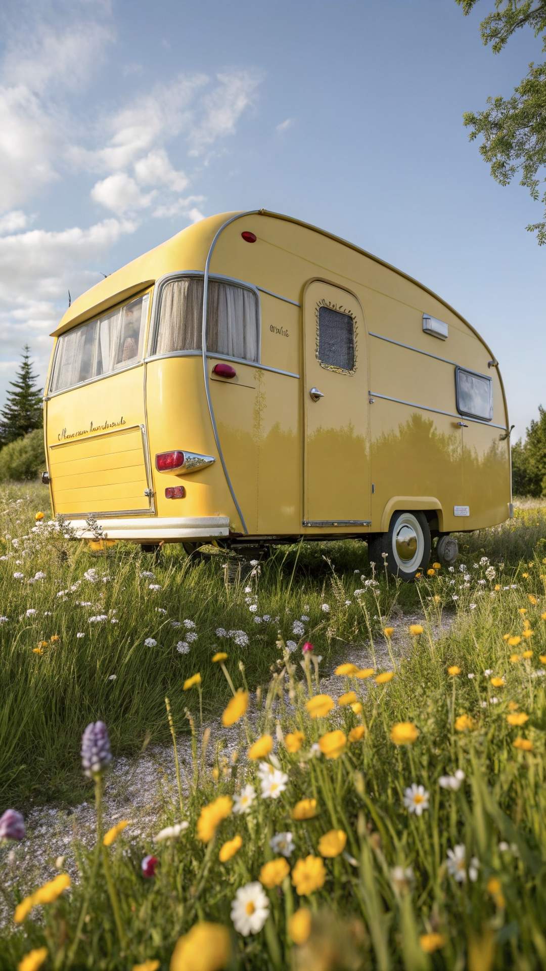 Sunny yellow vintage camper in wildflower meadow