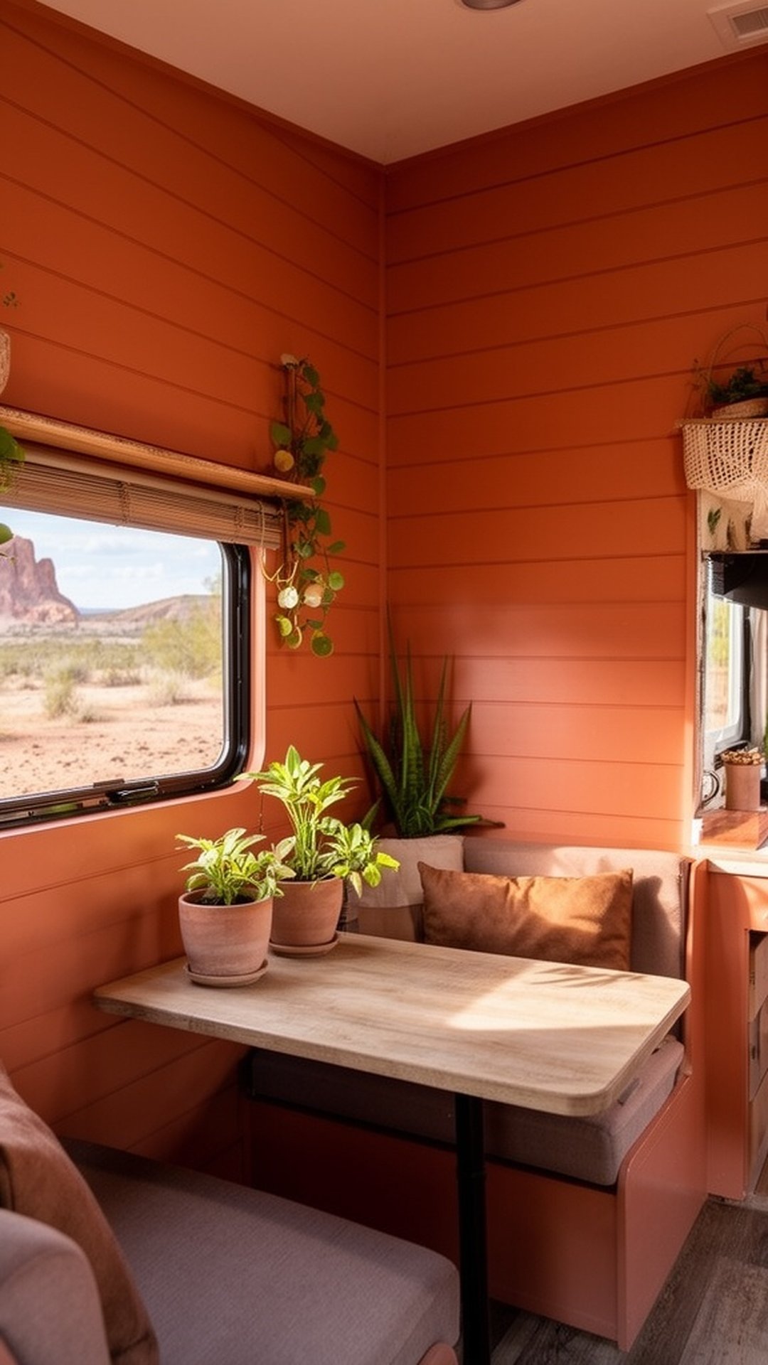 Warm terracotta painted shiplap in small camper interior