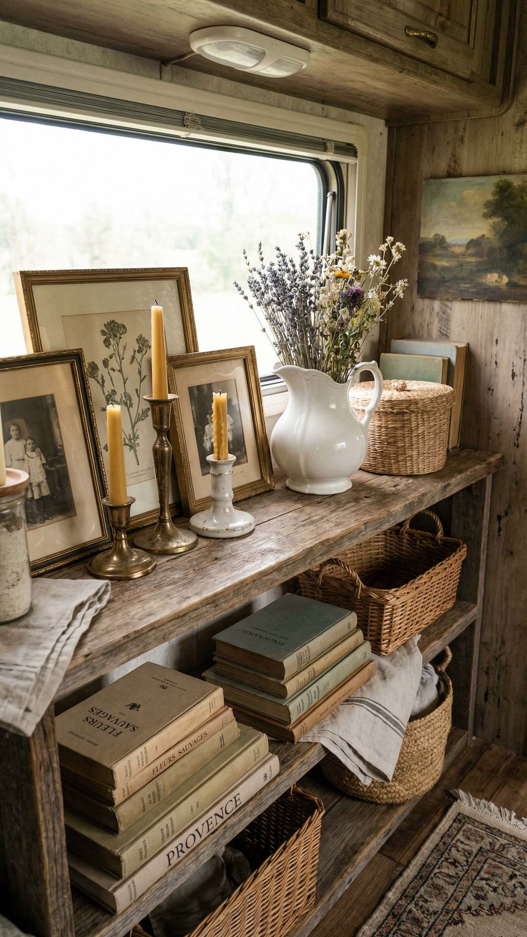 Thrifted French country decor styled in a cozy RV