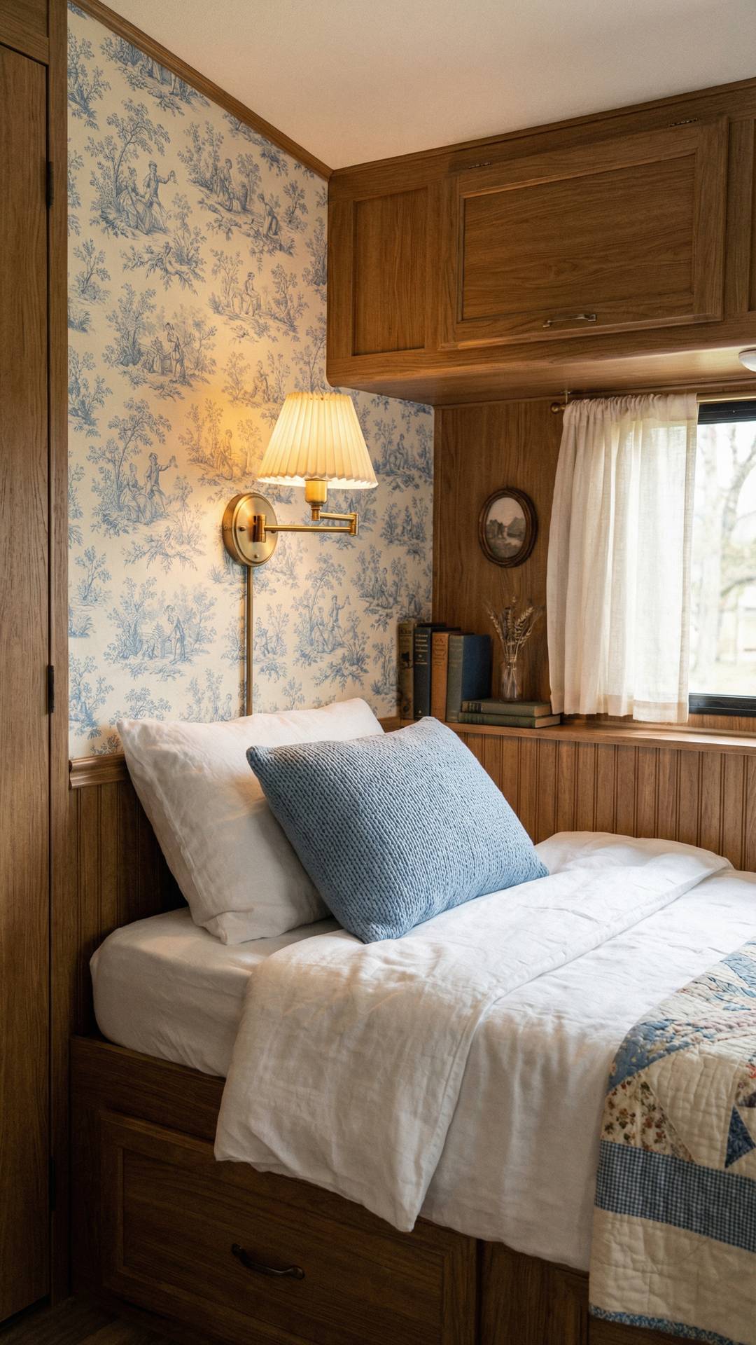 French country RV bedroom with toile wallpaper accent wall