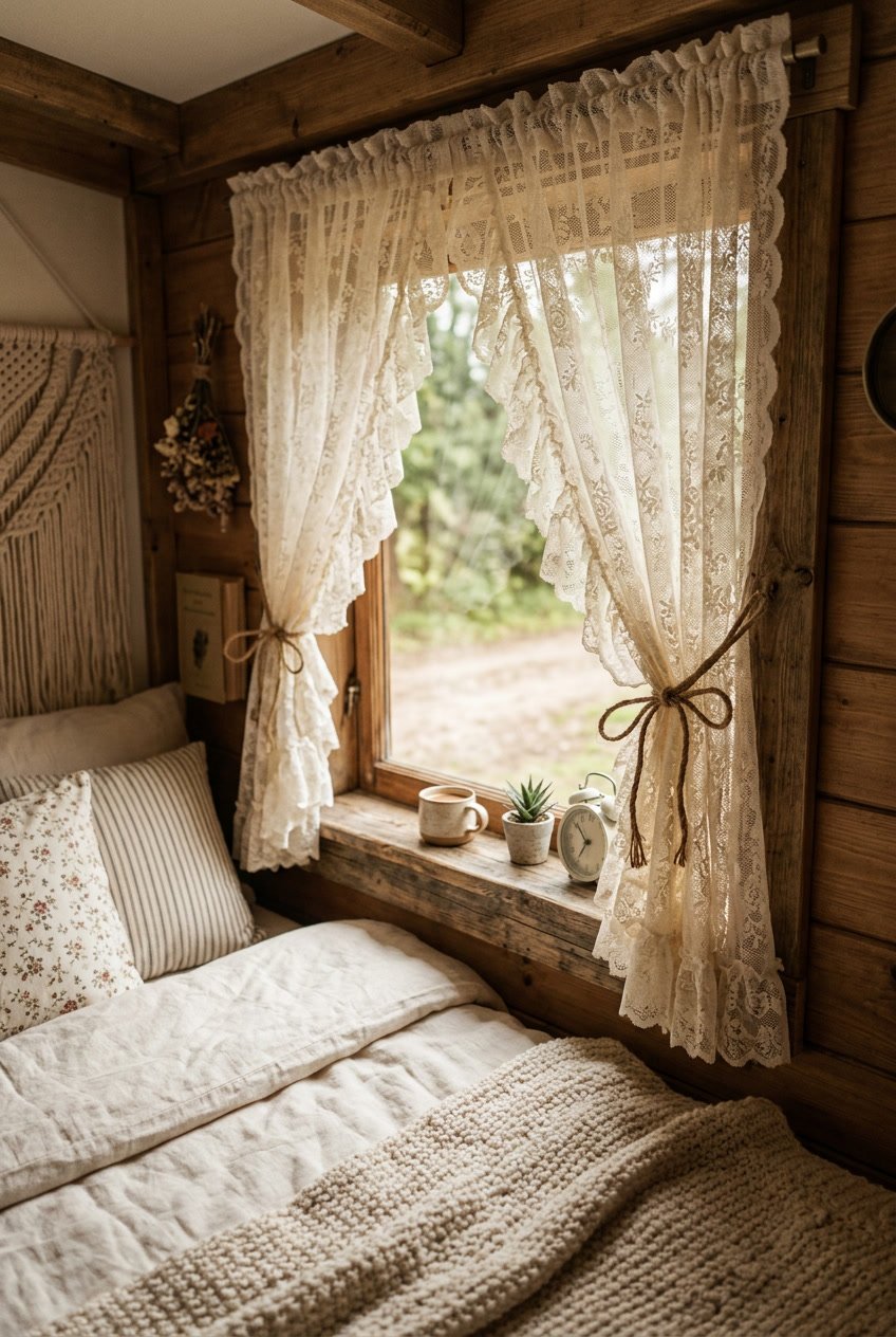 A camper bedroom with ruffled lace curtains tied back with twine, sunlight coming through the window onto a cozy interior.