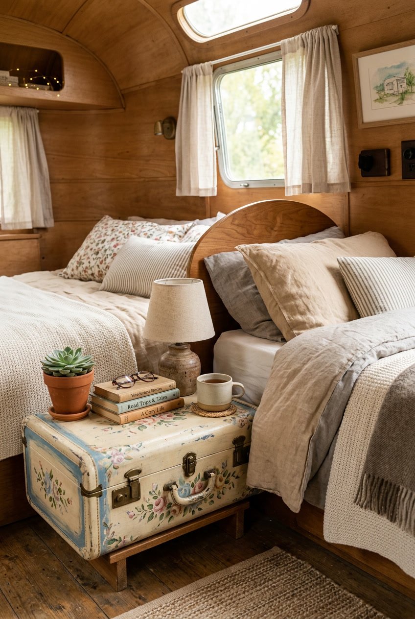 A cozy camper bedroom featuring a hand-painted antique suitcase used as a nightstand next to a bed with layered bedding and soft natural light.