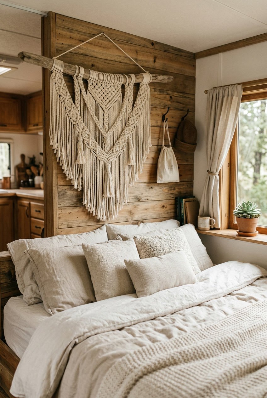 Cozy camper bedroom with a woven macramé wall hanging made from driftwood above a bed with soft pillows.