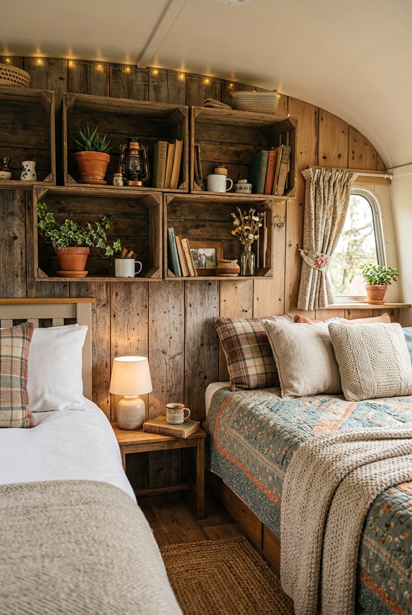 A cozy camper bedroom with wooden crate shelves holding plants and books, a made bed with pillows, and warm lighting.