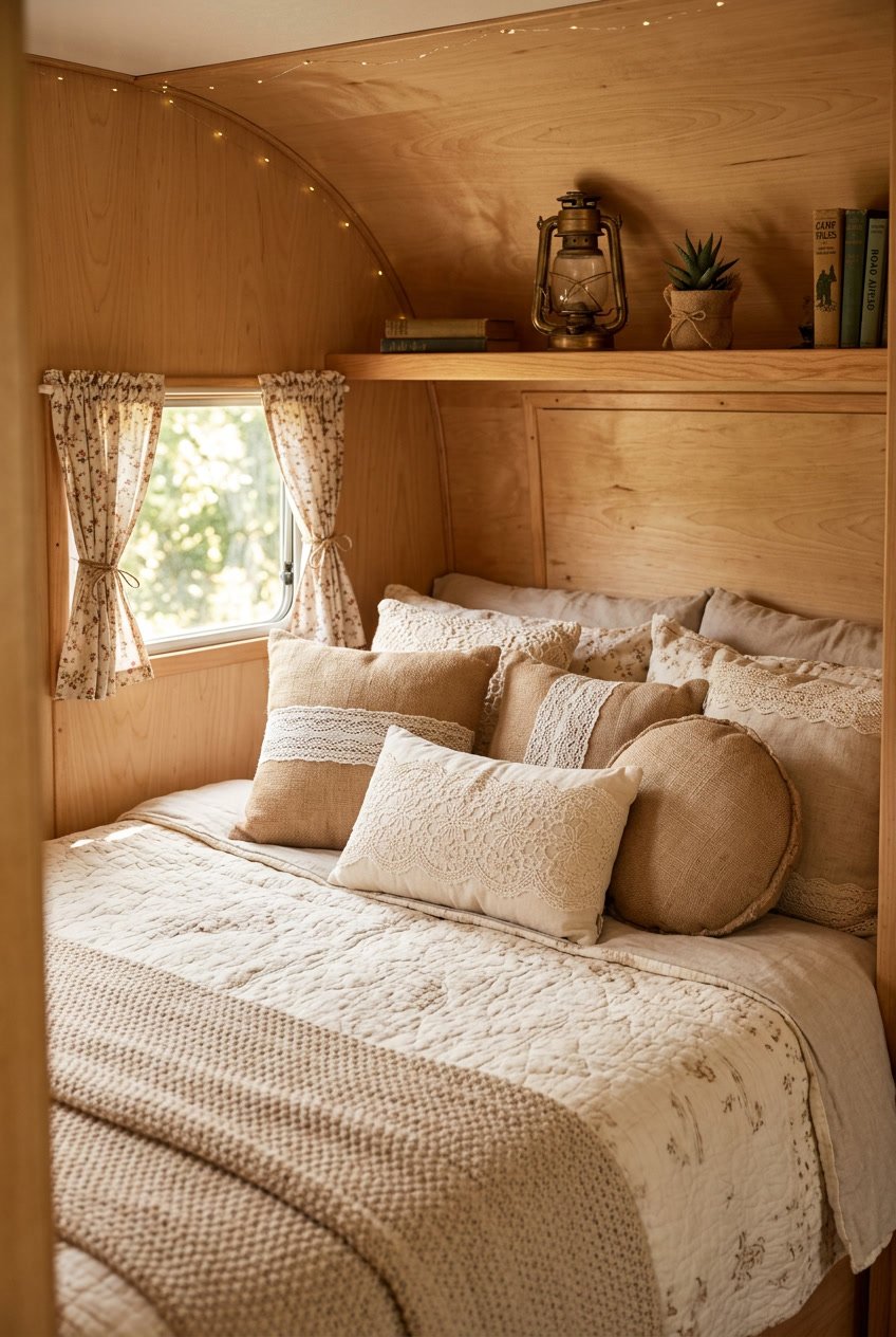 A cozy camper bedroom with a bed featuring multiple lace and burlap throw pillows, soft bedding, and warm natural light coming through a window.