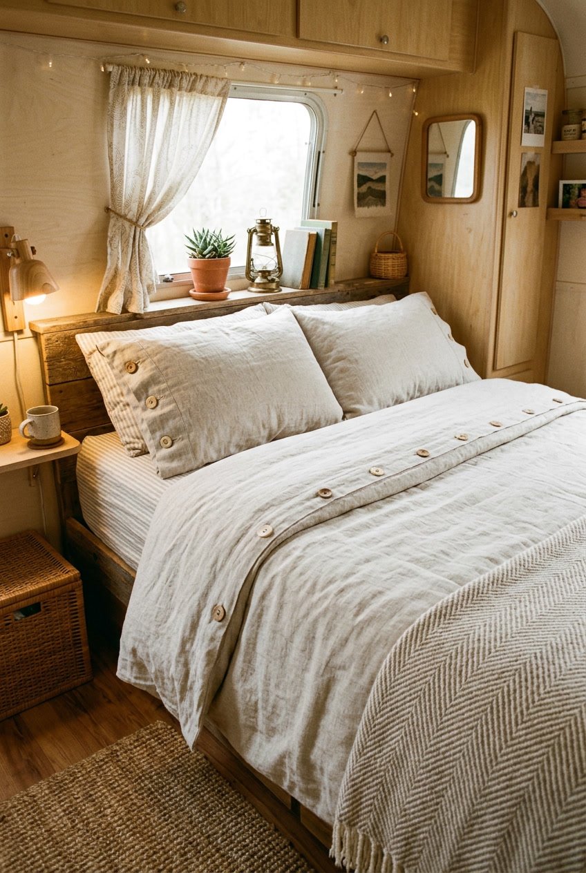 A cozy camper bedroom with a bed covered in linen slipcovers featuring button details, warm natural light, and rustic wooden accents.