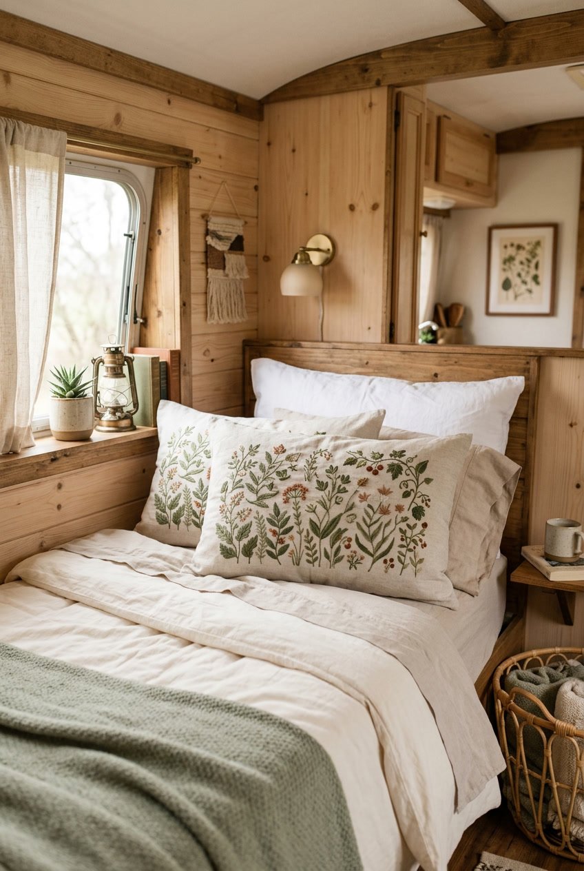 A cozy camper bedroom with embroidered pillowcases featuring botanical designs arranged on a bed with soft linens and warm lighting.