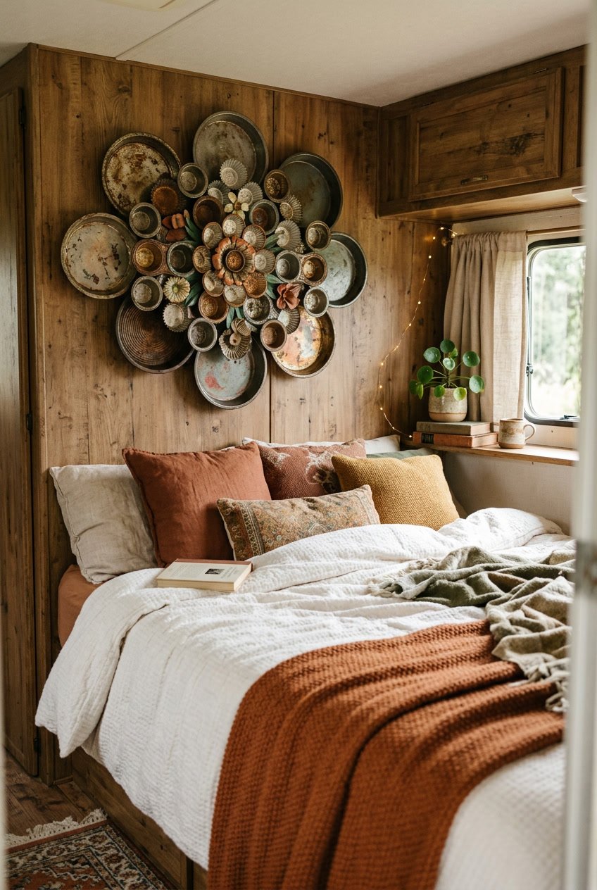 Cozy camper bedroom with a bed and a wall decorated with flower-shaped art made from old baking pans.