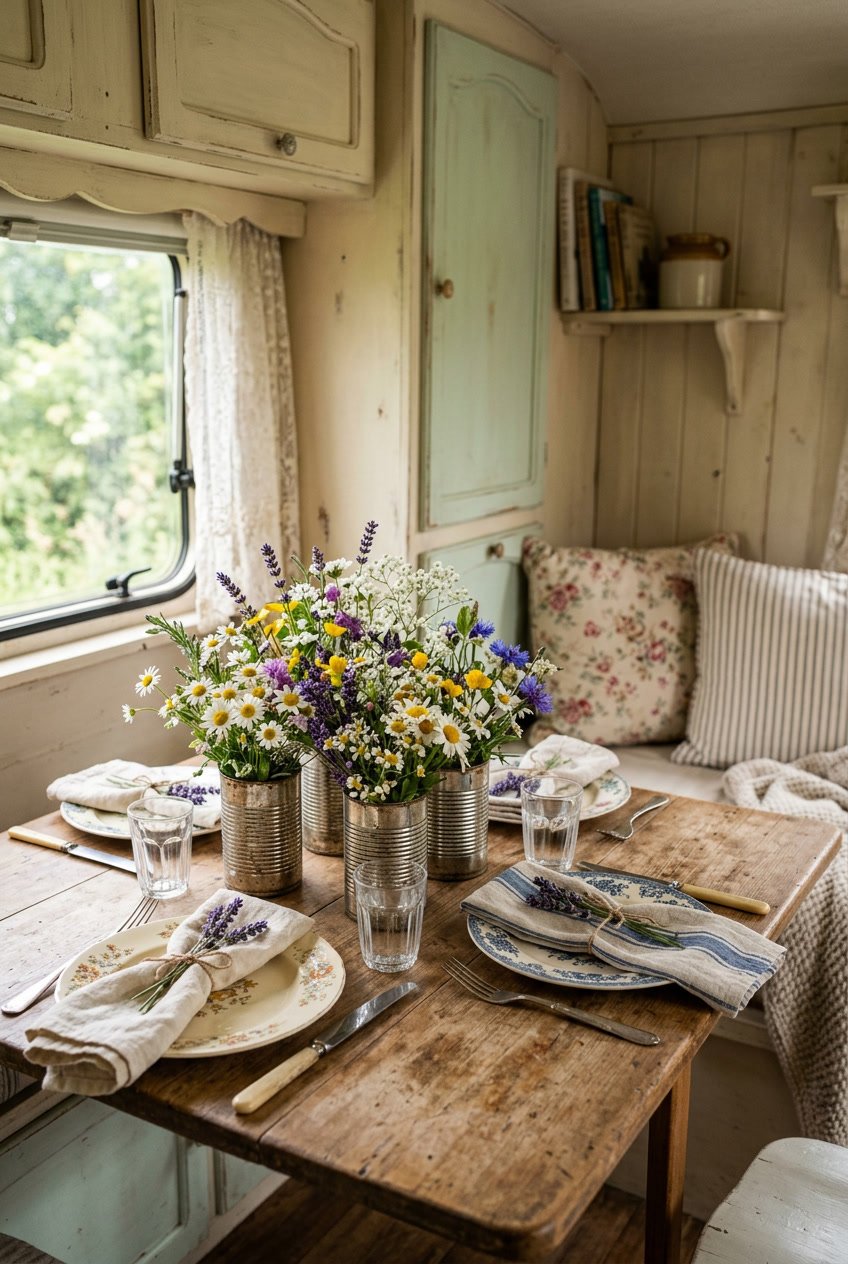 A dining table inside a camper set with small tin cans holding wildflowers and rustic tableware.