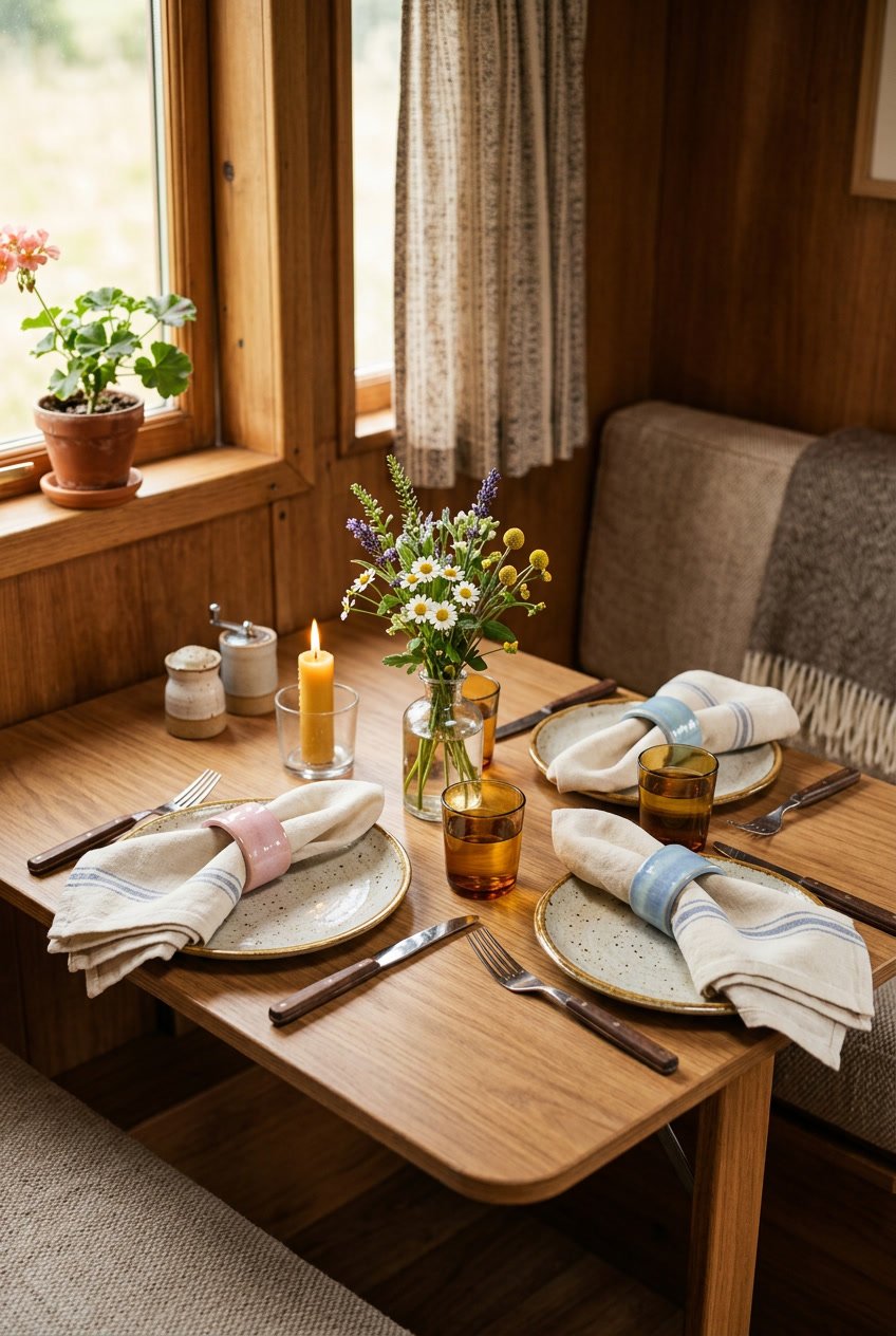 A dining table inside a camper with pastel ceramic napkin rings placed at each setting, surrounded by plates, napkins, and small flower decorations.