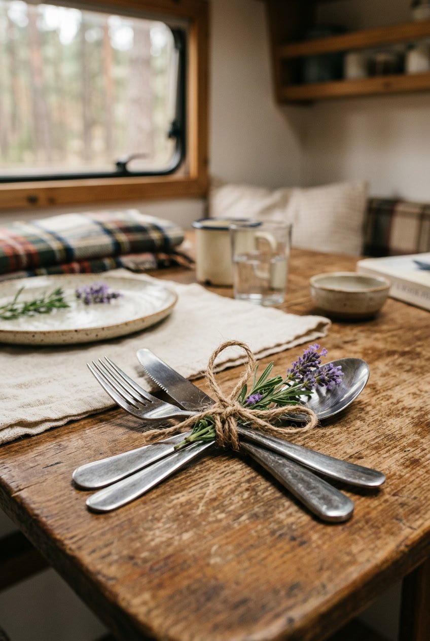 Silverware tied with twine and sprigs of lavender resting on a wooden table inside a camper.
