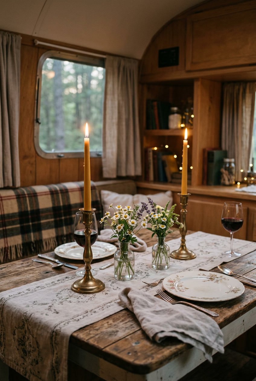 A cozy camper dining table set with antique candle holders holding lit taper candles, surrounded by plates, napkins, and small flower vases.