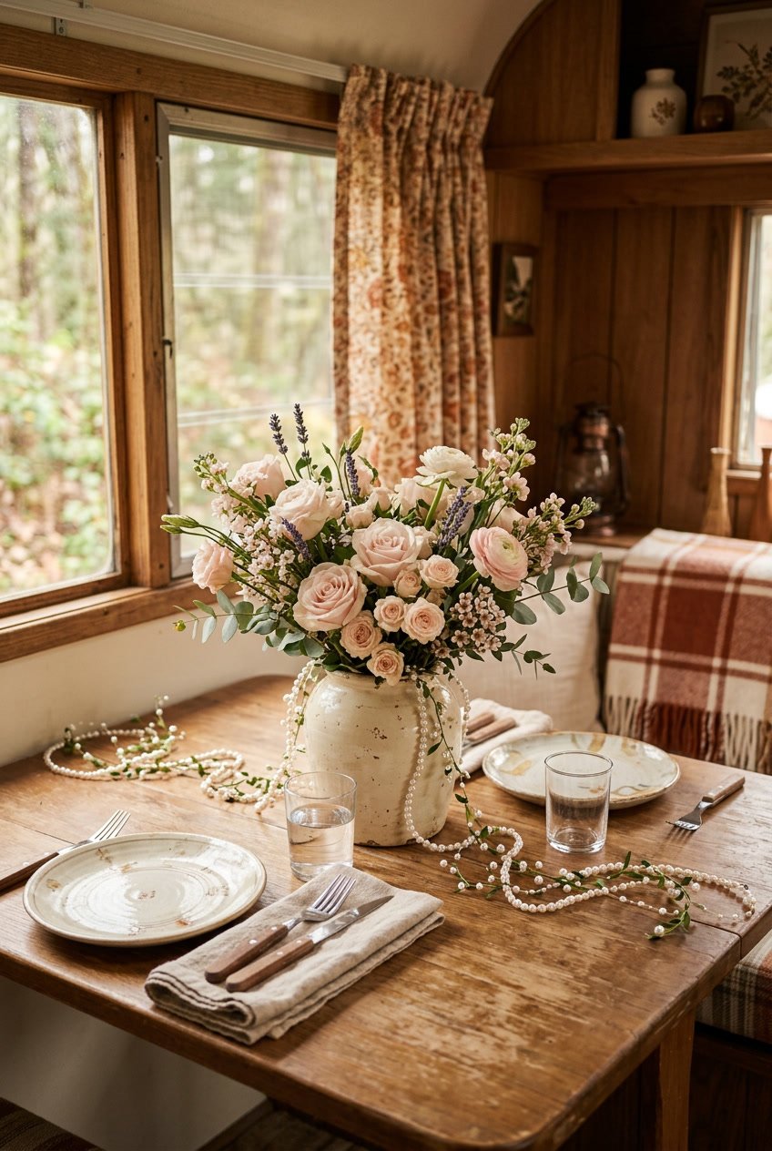 Dining table inside a camper with a floral centerpiece and pearl garlands scattered around it.