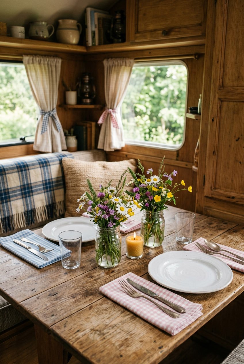 A wooden table set for dining inside a camper with pink and blue gingham napkins, white plates, glassware, and small flower arrangements.