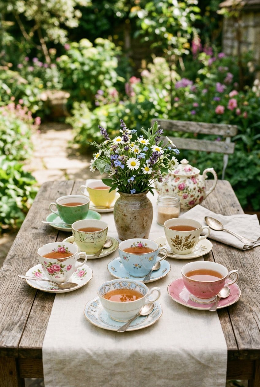 A rustic wooden table outdoors set with mismatched antique teacups and saucers, small wildflowers in a vase, and a linen table runner.