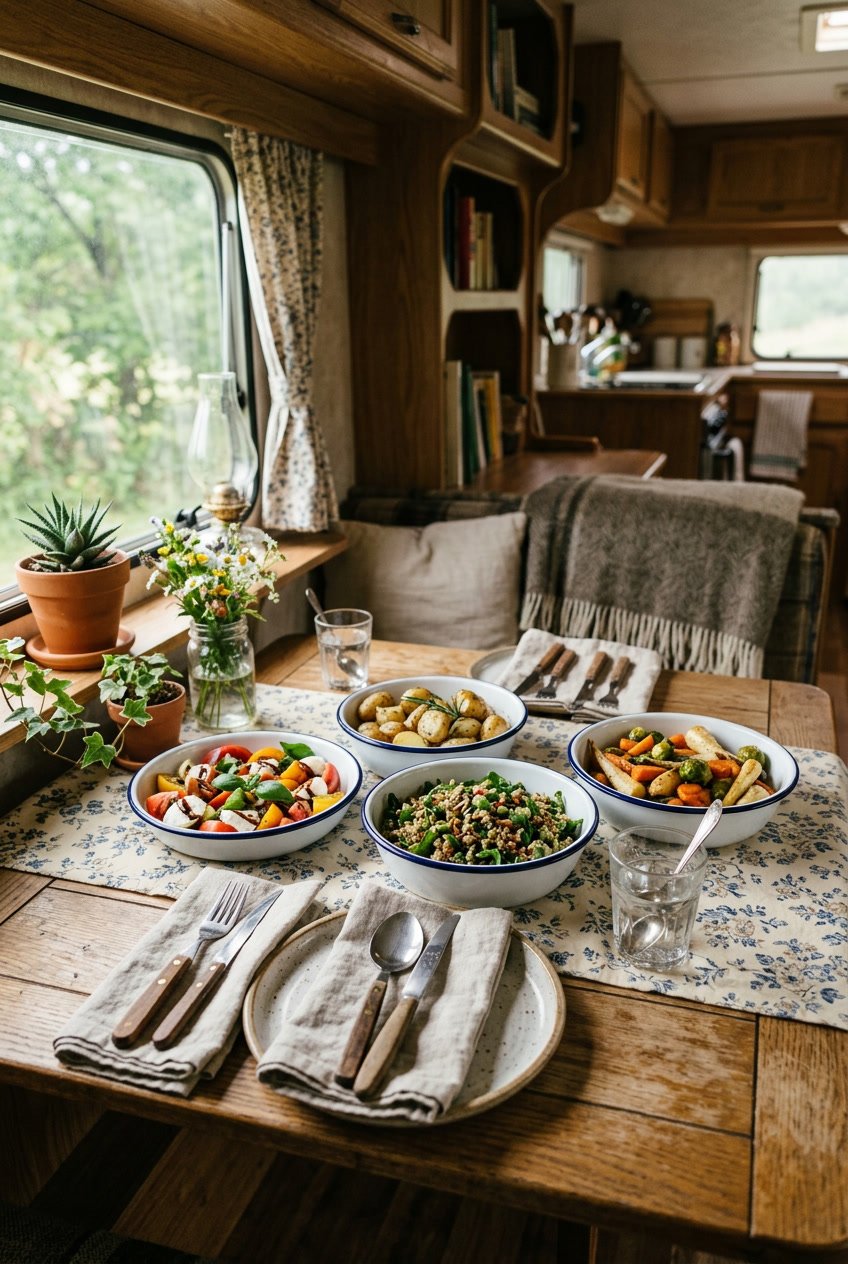 Dining table inside a camper with enamelware bowls filled with side dishes and tableware arranged for a meal.