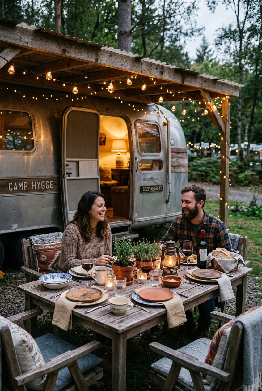 Cozy outdoor dining table set with plates and glasses under warm fairy lights strung overhead inside a camper.
