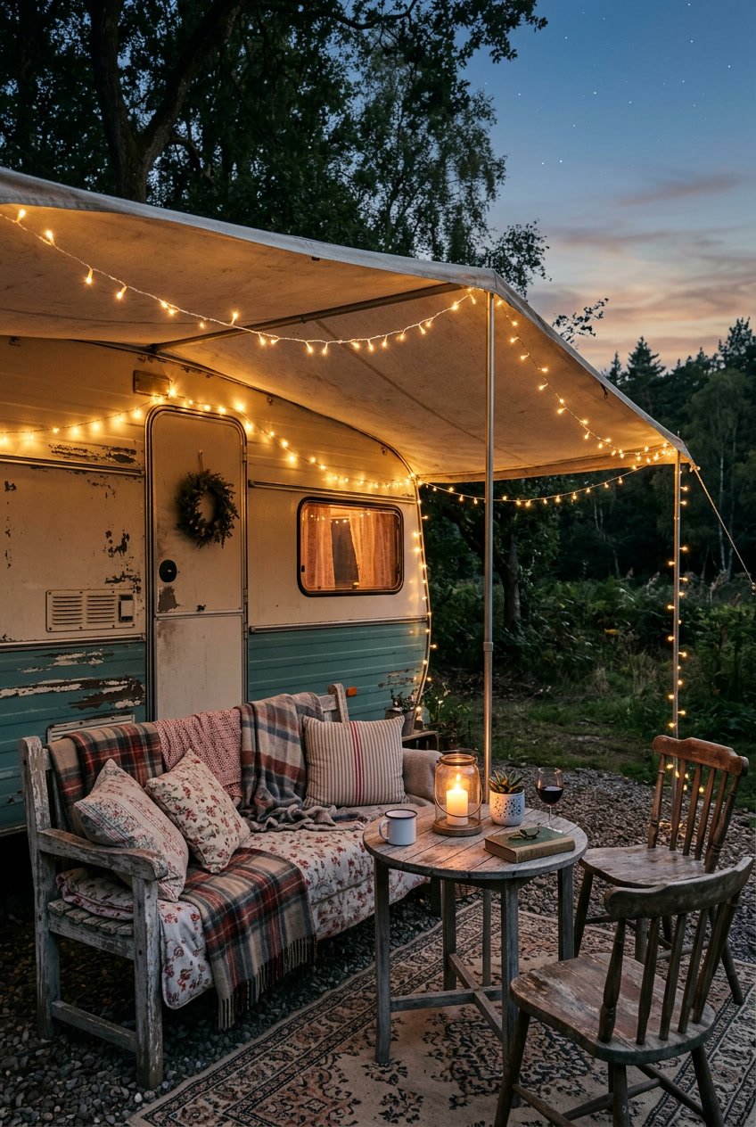 A camper's awning area lit by warm fairy lights in the evening with rustic furniture and soft cushions.