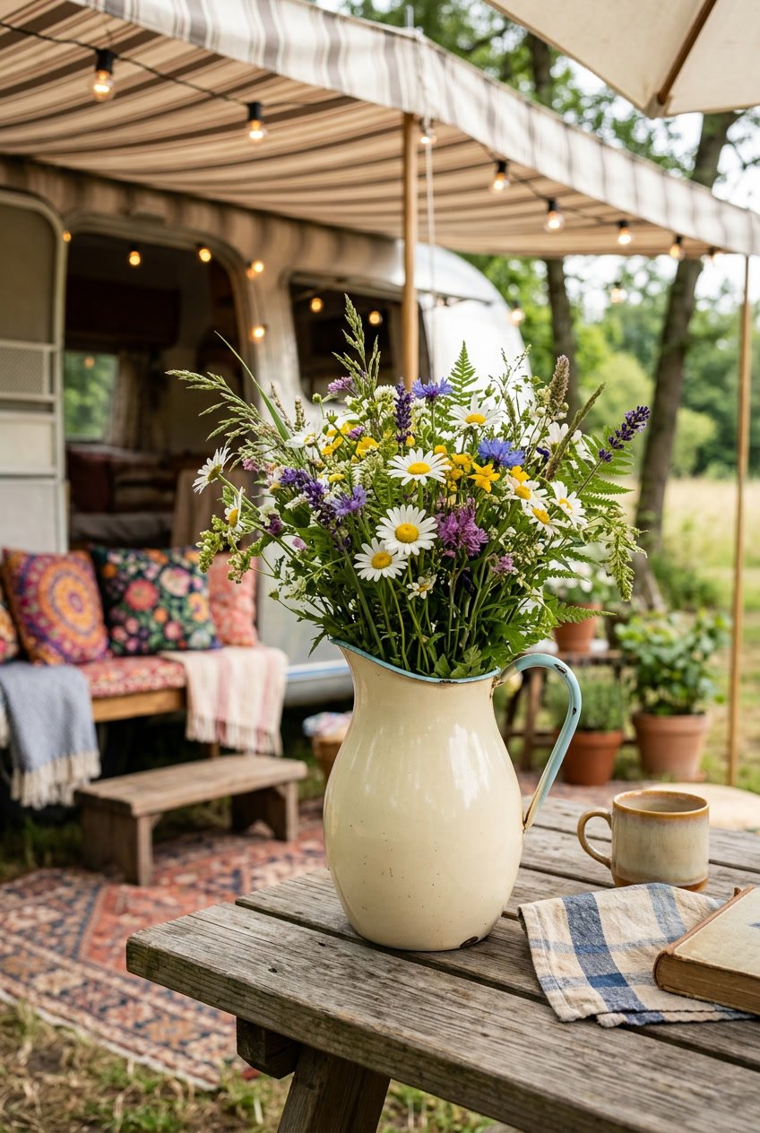 A retro enamelware pitcher filled with wildflowers sitting on a wooden table under a camper's awning.