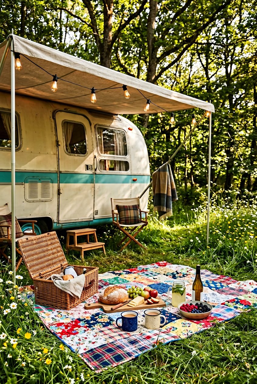 A picnic setup with a colorful patchwork quilt blanket under a camper's awning surrounded by grass and trees.
