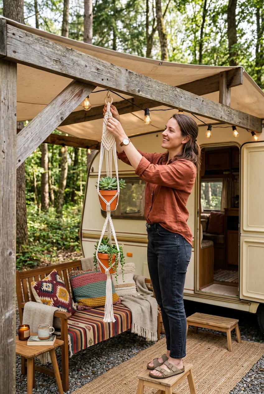 Person installing a macramé plant hanger with succulents under a camper awning surrounded by outdoor decorations.