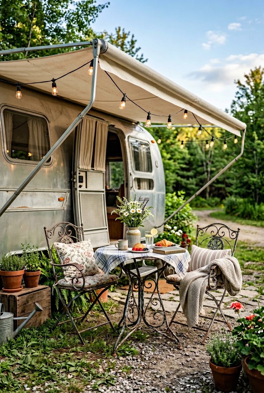 Vintage metal bistro table and chairs set up outdoors under a camper's awning surrounded by plants and string lights.