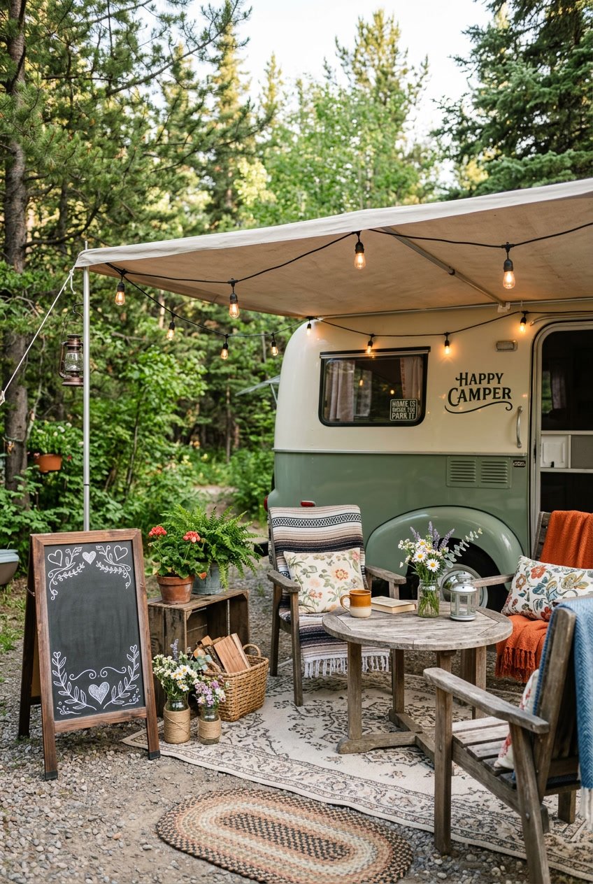 Outdoor camper awning area with rustic furniture, a chalkboard sign, plants, and decorative lighting in a natural setting.