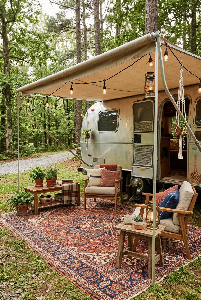 Outdoor camper awning area with an old-fashioned woven rug, seating, plants, and soft natural lighting.